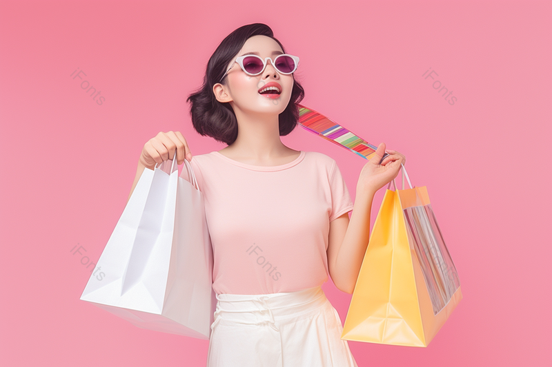 粉红色背景渲染下的带着墨镜的购物粉红色衣着穿着的时髦女性,高清,摄影图,摄影图片,图片大全,摄影图免费下载